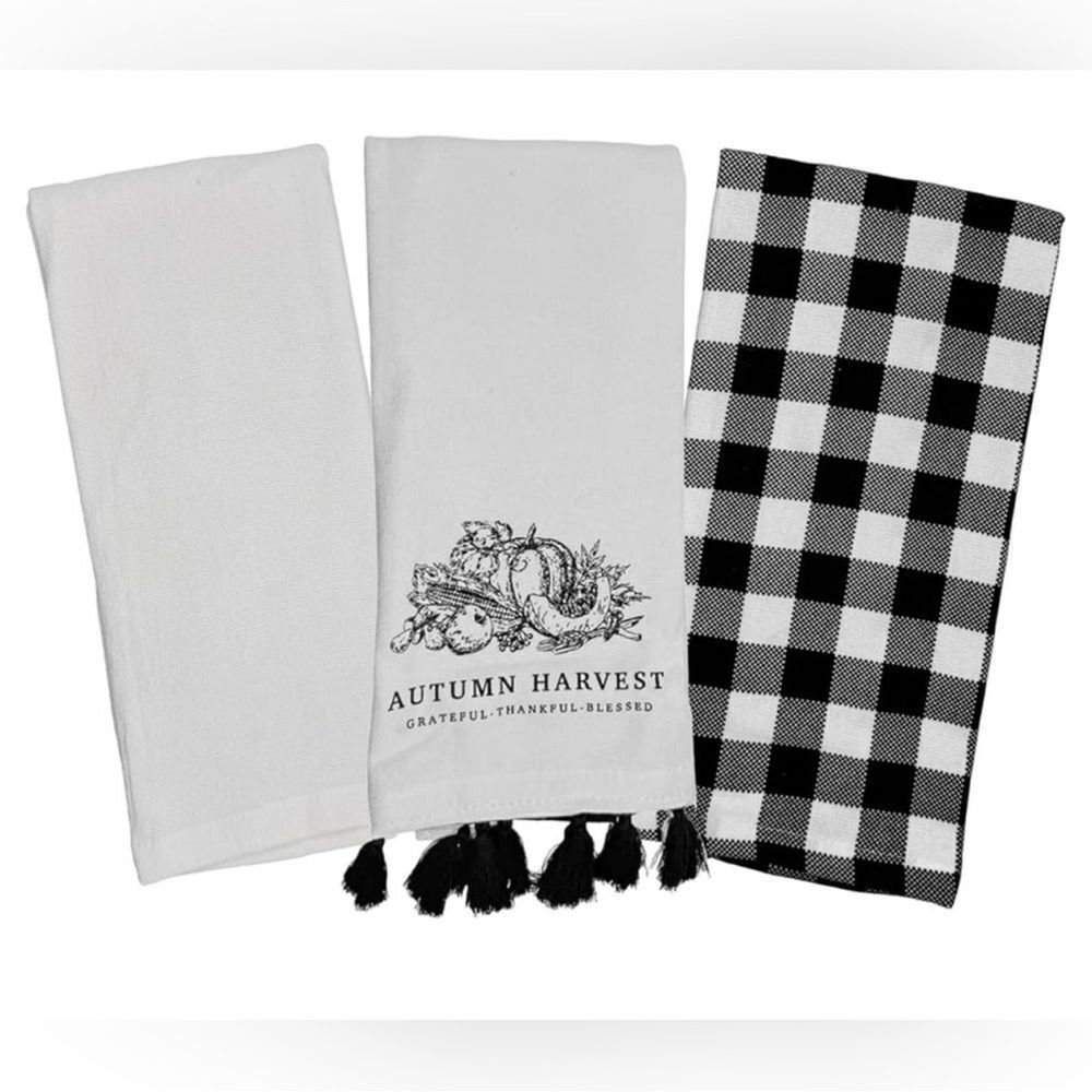 MRKT Autumn Harvest Black White Graphic Gingham Plaid Cotton Towel Gift Set